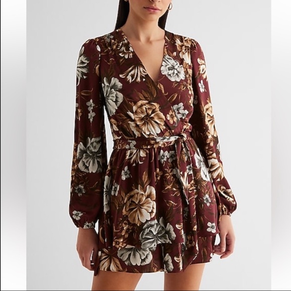 NWT Express XL Satin Floral Long Sleeve Ruffle Rap Romper - Burgundy and Cream